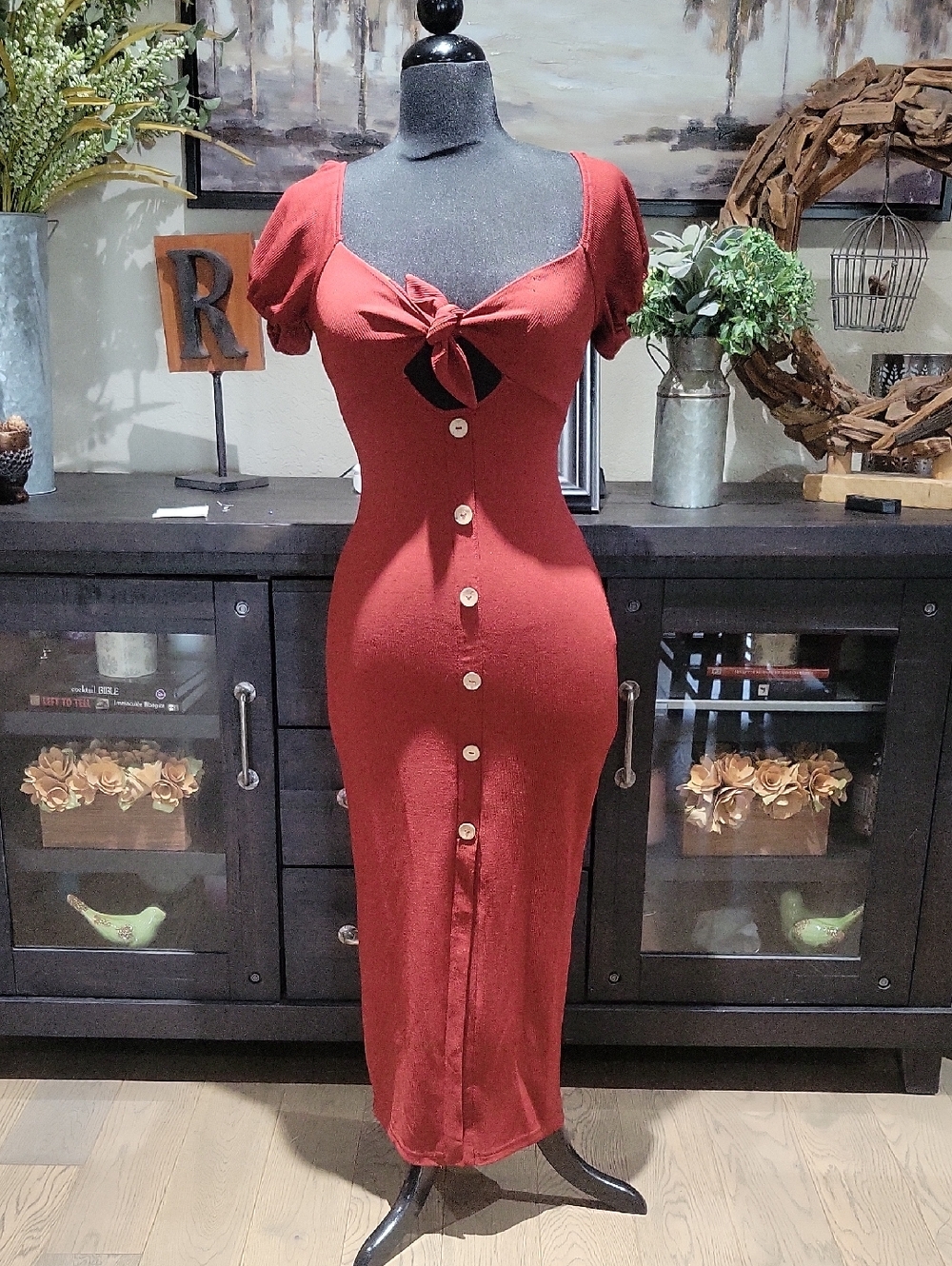 Windsor Rust Red Tie-Front Button Midi Dress - Picture 1 of 4